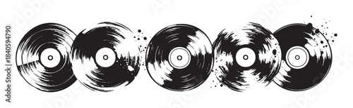 Five black vinyl records are arranged in a row, featuring a distressed grunge texture with artistic ink splatters, evoking a retro music vibe.