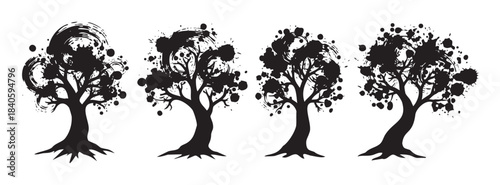 Four artistic ink splatter trees with abstract brush stroke foliage create a unique and expressive nature-inspired graphic design element.