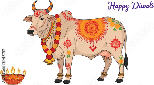 Highly decorated Indian cow (Kamdhenu/Gau Mata) adorned with traditional mehndi, garlands, and anklets, standing next to a burning diya, symbolizing the auspicious Hindu festival of Diwali.