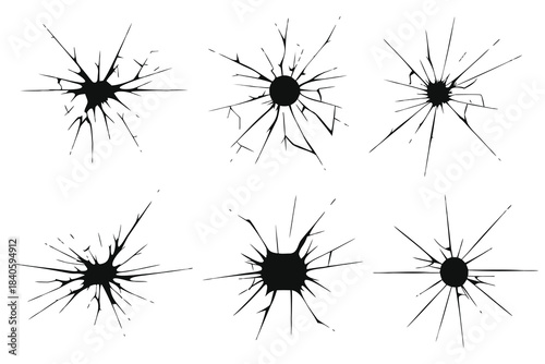 Collection of six realistic black cracked glass or window break impact effects