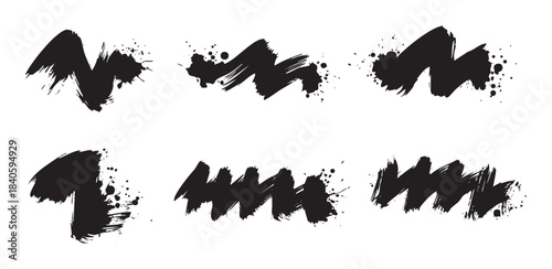 Black ink brush strokes with splatters create a dynamic and expressive collection of artistic elements for various design projects.