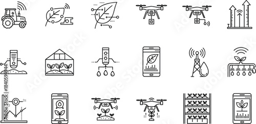 Precision Farming and Smart Agriculture Technology Vector Line Icons Set, Modern Crop Management, IoT Solutions, Drone Surveillance, Data Analysis, and Automated Irrigation System Symbols.