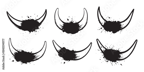 Six stylized horns with black ink splatters create a dynamic and edgy graphic design element, perfect for various creative projects and themes.