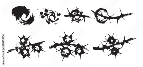 Abstract grunge ink brush stroke elements create a collection of distressed, thorny, and swirling graphic design assets with a bold, edgy aesthetic.