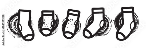 Five graphic black and white socks are illustrated with a hand-drawn, artistic, and slightly grungy style, perfect for various design projects.