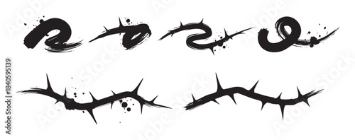 Thorny brush stroke elements with grunge texture and ink splatters create a distressed and powerful visual representation of pain and sacrifice.