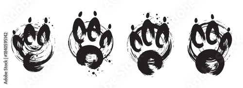 Animal paw prints rendered in a dynamic black brushstroke style create a powerful and artistic illustration of wild animal tracks.