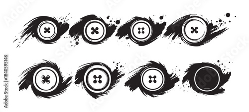 Abstract black buttons with grunge brush stroke designs create a dynamic and artistic collection of graphic elements for various creative projects.
