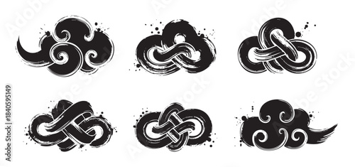 Elegant Asian cloud motifs and traditional decorative knots are depicted with artistic brushstrokes and subtle ink splatters, creating a versatile graphic set.