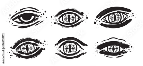 Stylized eyes collection with various mystical and intense expressions, featuring a grunge brushstroke artistic design suitable for creative and enigmatic themes.