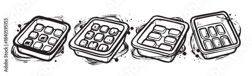 Food packaging trays with multiple compartments are depicted in a dynamic black and white grunge sketch style with expressive ink splatters.