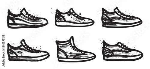 Six hand-drawn sneakers and shoes are depicted in a dynamic grunge ink style, showcasing various athletic and casual footwear designs.