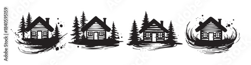 Four rustic cabins with pine trees are depicted in a hand-drawn, distressed ink style, evoking a sense of wilderness and cozy retreat.