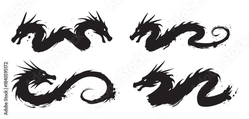 Four stylized black dragon silhouettes with fierce expressions and dynamic brushstroke textures represent power and ancient mythology.