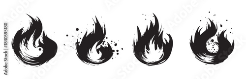 Four stylized black ink brush stroke flames with grunge texture and splatters represent passion, energy, and destruction in an abstract artistic design.