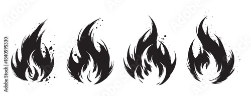 Four stylized fire flame symbols with a grunge brushstroke effect are presented as a set of dynamic black vector icons, conveying energy and intensity.