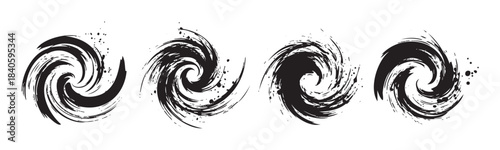 Black ink brush strokes create a set of four dynamic, abstract spiral and swirl designs with a grunge texture, perfect for artistic graphic elements.