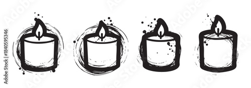Four stylized burning candles with a grunge brushstroke texture create a set of unique hand-drawn icons perfect for spiritual, decorative, or commemorative designs.