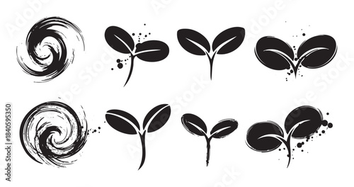 Abstract brushstroke swirls and stylized plant seedlings with an organic, grunge, and artistic ink splatter design, perfect for graphic elements.