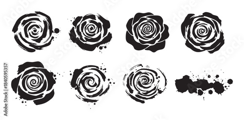 Black and white rose illustrations featuring a diverse collection of artistic grunge ink and brush stroke designs perfect for decorative graphic elements.