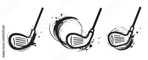 Three golf club heads feature dynamic ink splash designs, creating a modern and artistic representation of the sport's energy and movement.