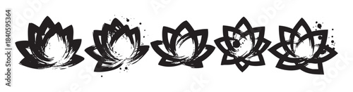 Five stylized lotus flowers in a brushstroke art style are arranged horizontally, showcasing various artistic interpretations of the spiritual symbol with grunge texture.