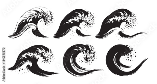 Black ink brush stroke waves in various dynamic forms capture the powerful movement and energy of the ocean in a traditional artistic style.