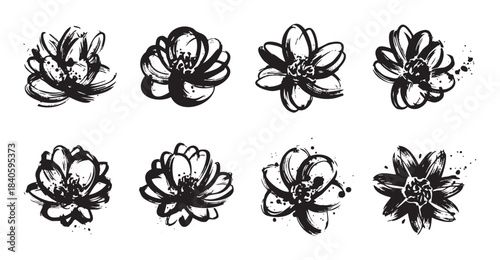 Artistic black and white floral illustrations collection features a variety of hand-drawn ink brush stroke designs with grunge textures and splatters.