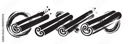 Cinnamon sticks are depicted in a dynamic, stylized brush stroke illustration with artistic ink splatters, creating a modern graphic design.