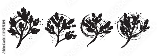 Stylized botanical branches with leaves and buds are depicted in a decorative ink brushstroke art style, featuring abstract circular elements and splatters.