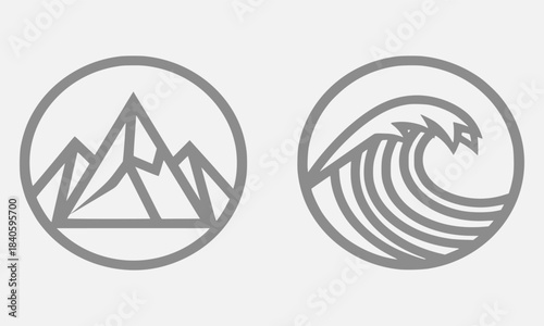 Minimalist circular logos featuring mountain peaks and a crashing ocean wave