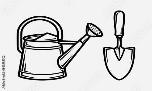 A simple black and white illustration of a watering can and gardening trowel