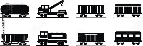 wagon and locomotive icon set. locomotive and wagon line icon collection. train, repair train and railway freight cars.container train icon sign, vector illustration !