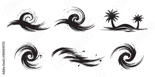 Abstract brush stroke wave and palm tree elements form a versatile grunge artistic collection with an organic, hand-drawn aesthetic.