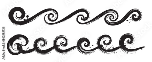 Stylized waves hand drawn with an artistic brushstroke effect create a decorative border design, perfect for graphic elements or nautical themes.