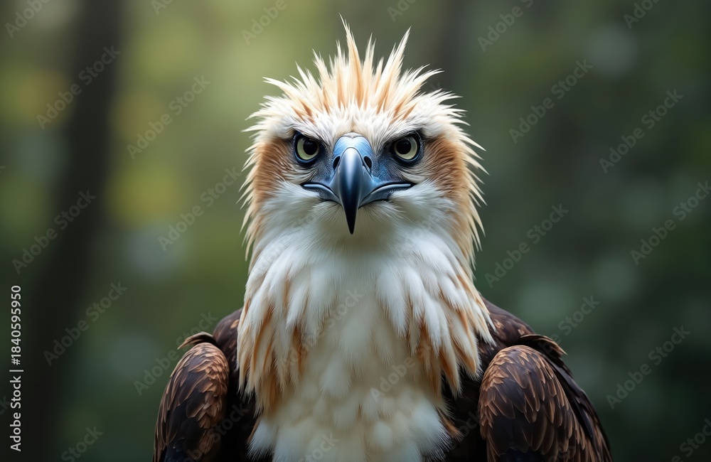 Fototapeta premium Majestic Philippine eagle stares intently. Large raptor, endemic to forests, displays striking plumage. Piercing gaze conveys power, wild beauty in natural habitat, symbol of conservation.