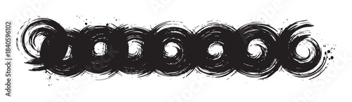 Black brushstroke circles form an abstract grunge pattern with rough textures and ink splatters, creating a dynamic graphic design element.