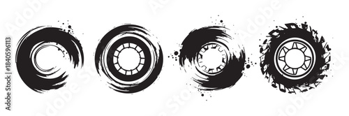 Grunge tires and wheels vector illustration set featuring various abstract brush stroke designs with ink splatter effects, perfect for automotive or off-road themes.
