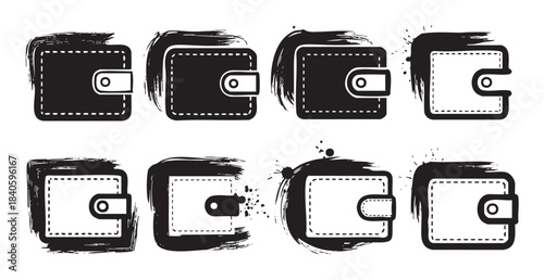 Wallet icons collection featuring various stylized hand-drawn designs with brushstroke textures and snap closures, representing finance and personal belongings.