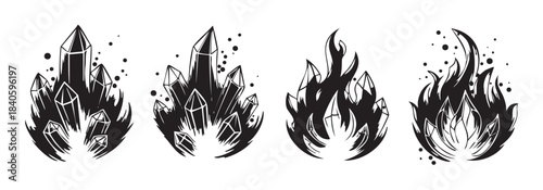 Mystical crystals and magical gemstones surrounded by abstract flames and sparkling elements in a graphic black and white illustration set.