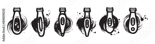 Hair clippers and trimmers are depicted in a collection of grunge style black icons with dynamic brush strokes and ink splatters, perfect for barbershop logos.