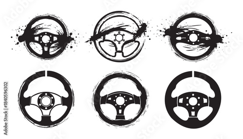 Racing steering wheels collection featuring various grunge and clean silhouette designs, perfect for automotive sport, driving control, and speed concepts.