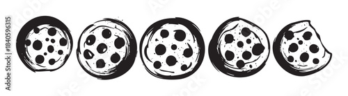 Five hand-drawn pizzas with various toppings in a grunge style illustration, perfect for a restaurant menu or food-related design.