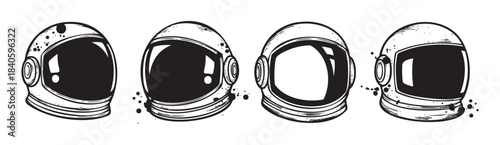 Four astronaut helmets with visors are depicted in a stylized black and white illustration, showcasing a retro space exploration theme.