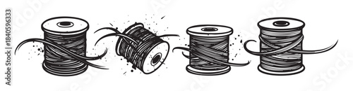 Four spools of thread in a stylized black and white illustration with grunge texture and ink splatters, representing crafting and sewing.