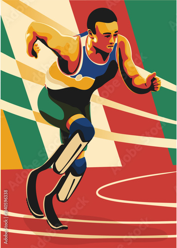 A male para-athlete is sprinting on a running track. Vector illustration. Suitable for a poster, banner, and postcard.