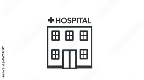 Minimalist black and white vector illustration of a hospital building. Ideal for healthcare, emergency services, clinics, pharmacies, and medical projects. Clean and professional design