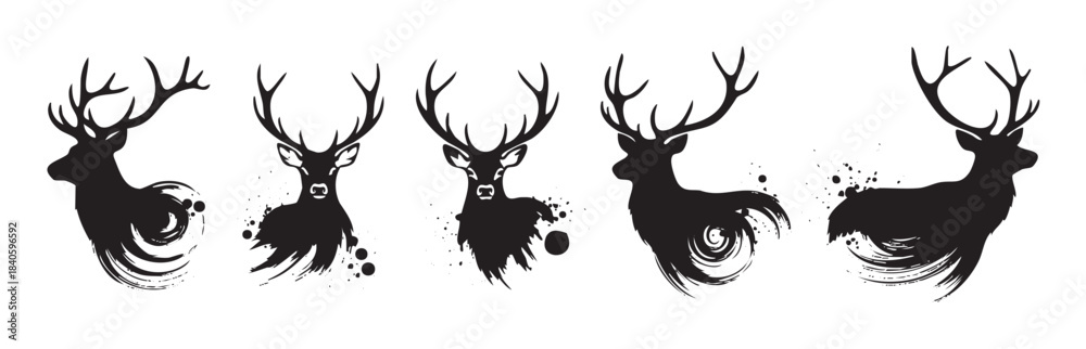Obraz premium Six stylized deer silhouettes with artistic brushstroke details creating a collection of elegant and modern wildlife illustrations.