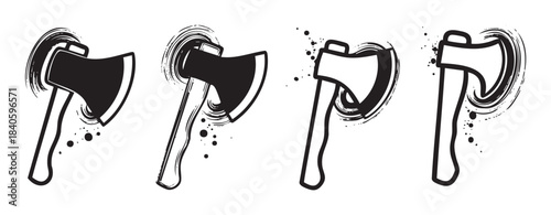 Four stylized axes with dynamic grunge brushstroke details representing powerful chopping and woodcutting tools for various rustic and outdoor themes.