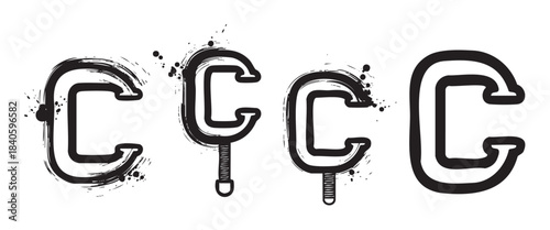 Four hand-drawn C clamps with grunge texture and industrial design are presented as a vector illustration, symbolizing construction, repair, and DIY projects.